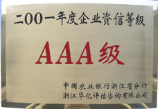 We were awarded " AAA Credit Enterprise " by China Agriculture Bank Zhejiang Branch